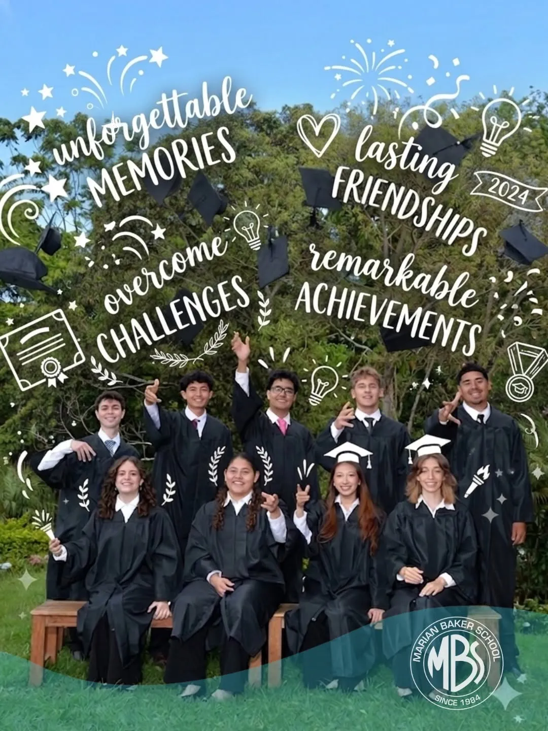 Marian Baker School Class of 2026 seniors in caps and gowns celebrating graduation in Costa Rica