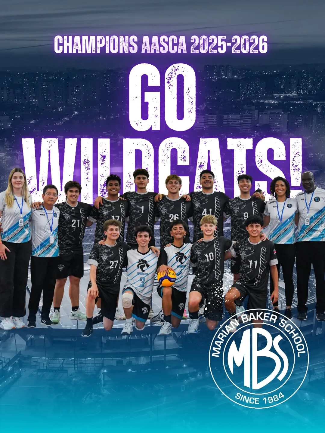 Marian Baker School boys volleyball team celebrating their AASCA 2025-2026 championship in Costa Rica