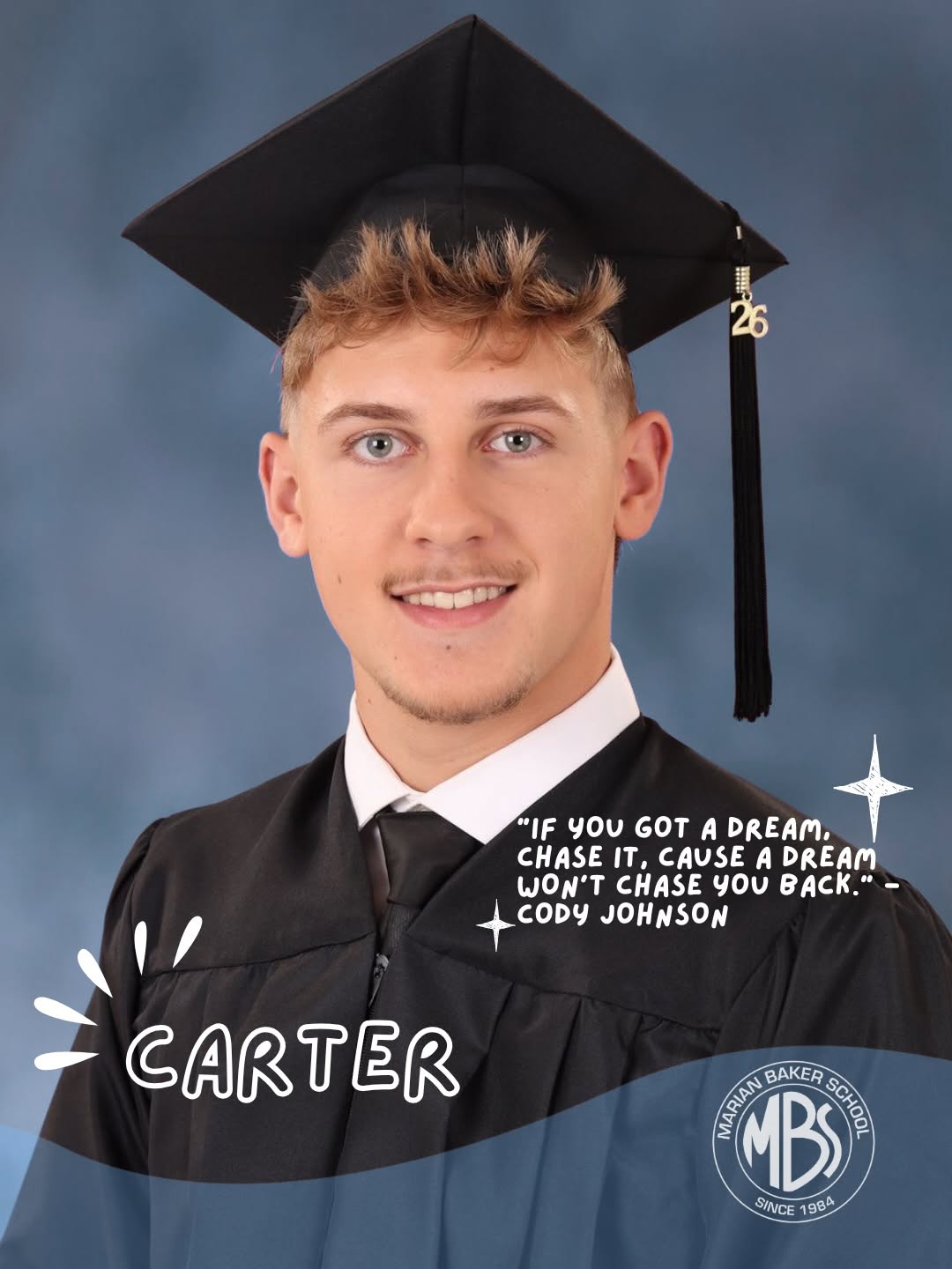 Carter, Marian Baker School Class of 2026 graduate, in cap and gown