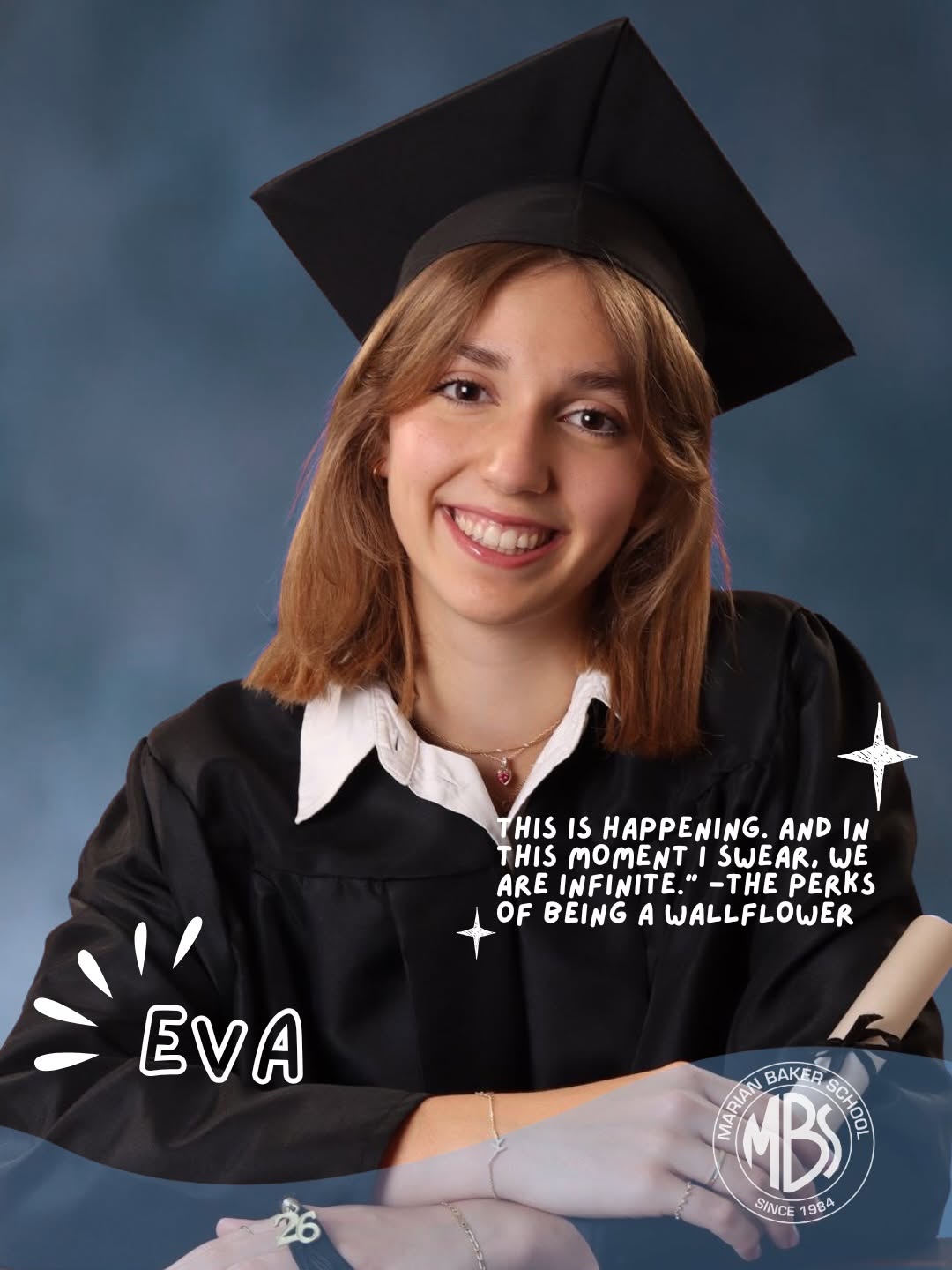 Eva, Marian Baker School Class of 2026 graduate, holding her diploma