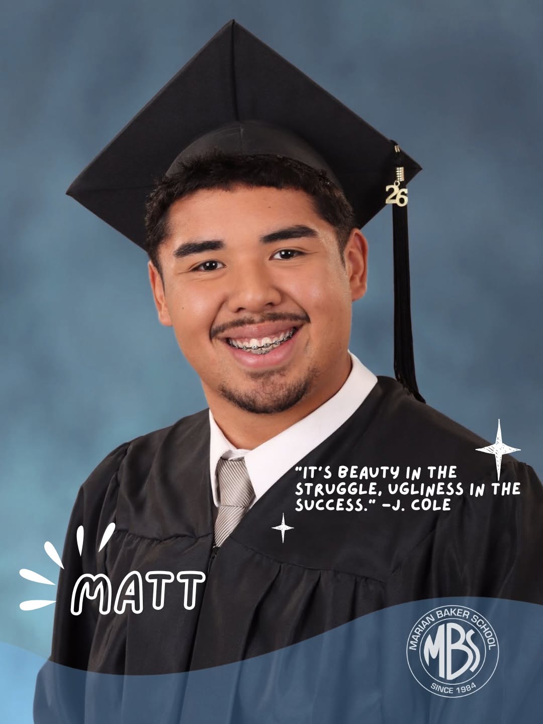 Matt, Marian Baker School Class of 2026 graduate, in cap and gown