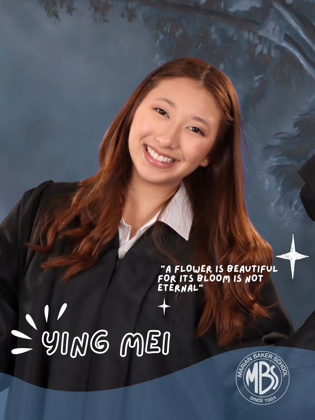 Ying Mei, Marian Baker School Class of 2026 graduate, in cap and gown